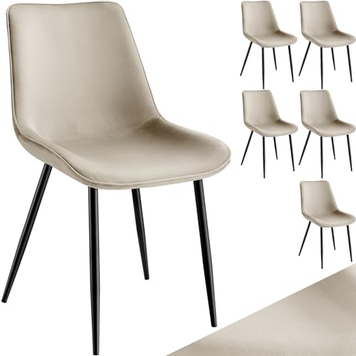 tectake Esszimmerstühle 6er Set, Samt Polsterstuhl mit Rückenlehne, bequemer Küchenstuhl, ergonomischer Wohnzimmerstuhl mit gepolsterter Sitzfläche aus Samt, Schwarze Metallbeine (Creme) von tectake