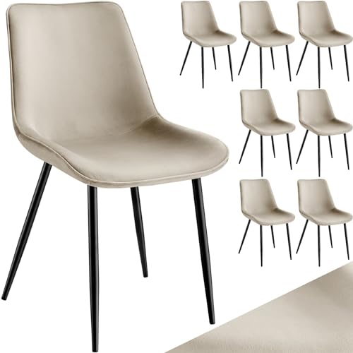 tectake Esszimmerstühle 8er Set, Samt Polsterstuhl mit Rückenlehne, ergonomischer Wohnzimmerstuhl mit gepolsterter Sitzfläche aus Samt, bequemer Küchenstuhl, Schwarze Metallbeine (Creme) von tectake