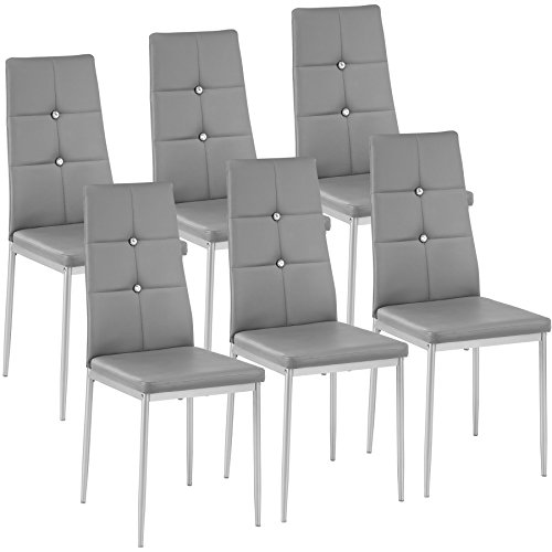 tectake Moderne Stühle, 6er Set, 6X Stuhl mit Bezug aus Kunstleder, Glitzersteine, als KüchenstühleEsszimmerstühle oder Polsterstuhl für Wohnzimmer, Esstisch, Bar - grau von tectake