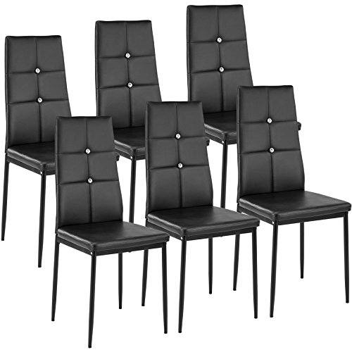 tectake Moderne Stühle, 6er Set, 6X Stuhl mit Bezug aus Kunstleder, Glitzersteine, als Küchenstühle, Esszimmerstühle oder Polsterstuhl für Wohnzimmer, Esstisch, Bar - schwarz von tectake