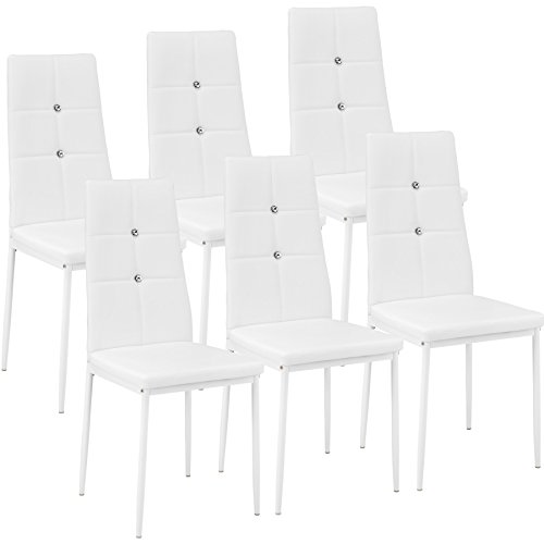 tectake Moderne Stühle, 6er Set, 6X Stuhl mit Bezug aus Kunstleder, Glitzersteine, als Küchenstühle, Esszimmerstühle oder Polsterstuhl für Wohnzimmer, Esstisch, Bar - weiß von tectake