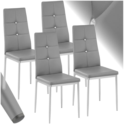 tectake® 4er Set Stühle Esszimmer, 4X bequemer Stuhl Kunstleder mit Glitzersteinen, Esszimmerstühle, Polsterstuhl für Wohnzimmer, Dining Table, Küchentisch, Essstühle, hohe Rückenlehne - grau von tectake