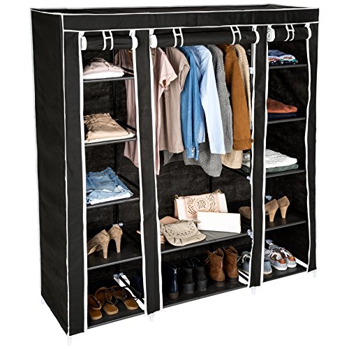 tectake Kleiderschrank Stoffschrank Garderobe Faltschrank mit Kleiderstange & 12 Fächern | 150 x 175 x 45 cm | -Diverse Farben- (Schwarz | Nr. 402528) von tectake