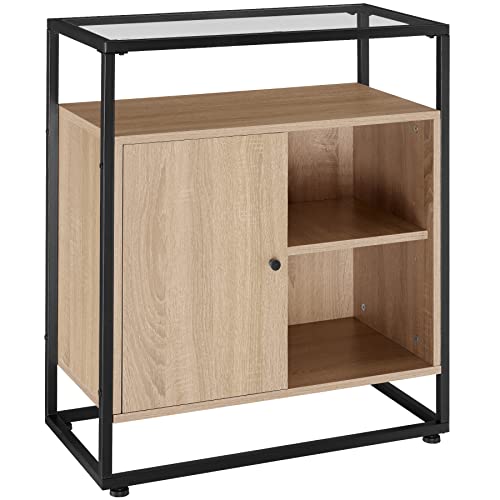 tectake Kommode mit Glasoberfläche, 70 x 38 x 80,5 cm, Beistellschrank im Industrie-Design, Holz Sideboard für Wohnzimmer Flur Küche, schwarzes Metallgestell (Industrial Holz hell, Eiche Sonoma) von tectake