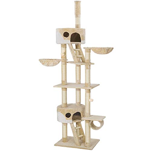tectake Katzen Kratzbaum, Katzenbaum XXL, Kratzbaum deckenhoch, höhenverstellbar von 243-260cm, Kletterbaum mit Treppe, Höhle, Röhre, Liegemulde und Sisalsäule - beige/weiß von tectake