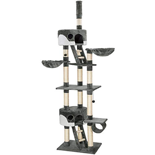 tectake Katzen Kratzbaum, Katzenbaum XXL, Kratzbaum deckenhoch, höhenverstellbar von 240-260cm, Kletterbaum mit Treppe, Höhle, Röhre, Liegemulde und Sisalsäule - grau/weiß von tectake