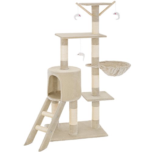 tectake Kratzbaum, Katzenbaum für Katzen, Kratzbaum mittel groß mit Sisalstangen, Höhle und Treppe, Katzenhaus 144 cm hoch, Kletterbaum für Katzen, Spielbaum für Katzen - beige von tectake