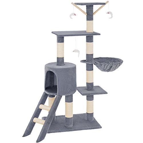 tectake Kratzbaum, Katzenbaum für Katzen, Kratzbaum mittel groß mit Sisalstangen, Höhle und Treppe, Katzenhaus 144 cm hoch, Kletterbaum für Katzen, Spielbaum für Katzen - grau von tectake