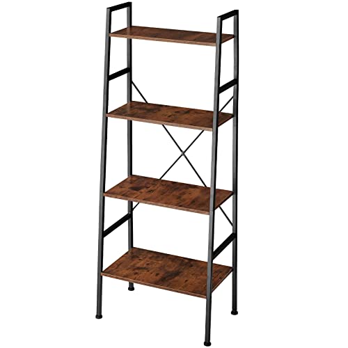 tectake Leiterregal mit 4 Ebenen, Industrial Design, 61,5 x 36,5 x 150 cm, Vintage Bücherregal für Wohnzimmer Schlafzimmer Küche, Holz, schwarzer Metallrahmen (Industrial Dunkelbraun) von tectake