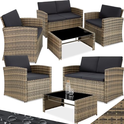 tectake Lounge Gartenmöbel Set Poly Rattan für den Garten, Möbel für den Balkon, 12-teilige Garten Lounge (wetterfest), Essgruppe mit Outdoor Sofa, Sessel und Tisch für 4 Personen (Natur/Dunkelgrau) von tectake