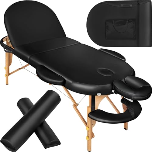 tectake® Mobile Massageliege 3 Zonen, Kosmetikliege klappbar, Mobile Massagebank in ovalem Design, extra Dicke Polsterung, Zubehör Transporttasche, Liege für Massage, Kosmetik oder Tattoo - schwarz von tectake