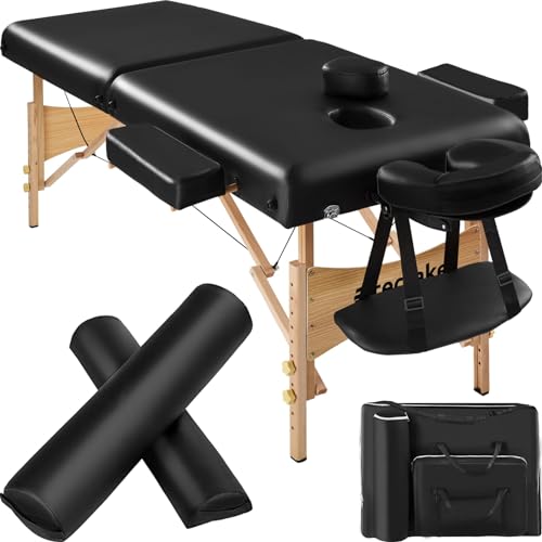 tectake Massageliege 2 Zonen, Massageliege klappbar, Massagetisch mit 7,5cm Polsterung, Mobile Massageliege, Kopf- und Armstütze, Massagebank mit Holzfüßen, 2 Lagerrungsrollen, Tragetasche - schwarz von tectake