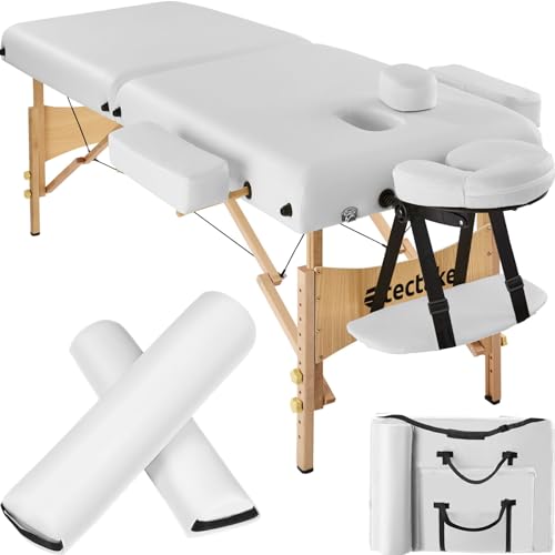 tectake Massageliege 2 Zonen, Massageliege klappbar, Massagetisch mit 7,5cm Polsterung, Mobile Massageliege, Kopf- und Armstütze, Massagebank mit Holzfüßen, 2 Lagerrungsrollen, Tragetasche - weiß von tectake