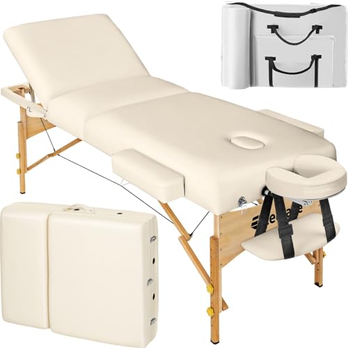 tectake höhenverstellbare Massageliege 3 Zonen, Massageliege klappbar, Massagetisch, 10 cm Polsterung, Mobile Massageliege, Kopf- und Armstütze, Massagebank mit Holzfüßen, Zubehör Tragetasche - beige von tectake