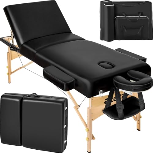 tectake höhenverstellbare Massageliege 3 Zonen, Massageliege klappbar, Massagetisch, 10 cm Polsterung, mobile Massageliege, Kopf-und Armstütze, Massagebank mit Holzfüßen, Zubehör Tragetasche - schwarz von tectake