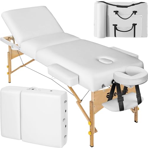 tectake höhenverstellbare Massageliege 3 Zonen, Massageliege klappbar, Massagetisch, 10 cm Polsterung, Mobile Massageliege, Kopf- und Armstütze, Massagebank mit Holzfüßen, Zubehör Tragetasche - weiß von tectake