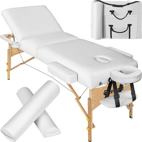 tectake® Mobile Massageliege mit 3 Zonen, klappbar, mit 7,5 cm Polsterung, bis 250 kg belastbar, Massagebank mit Zubehör Tasche, Voll- und Halbrolle, mobiles Möbel für Massage - weiß von tectake