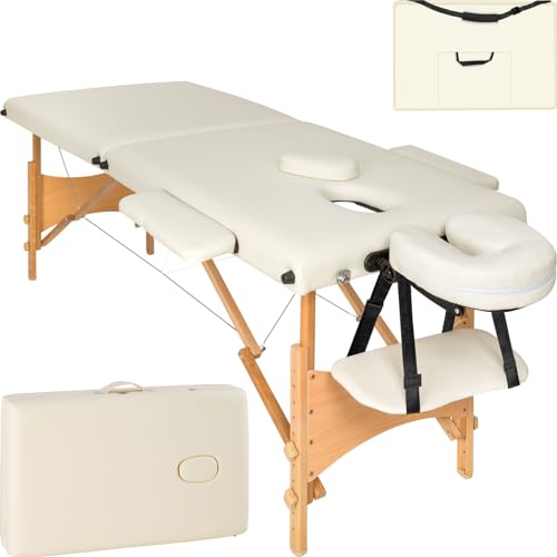 tectake Massageliege 2 Zonen, Massageliege klappbar, Massagetisch tragbar mit 5cm Polsterung, höhenverstellbare, Mobile Massageliege, Massagebank mit Holzfüßen und Zubehör Tragetasche - beige von tectake