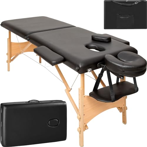 tectake Massageliege 2 Zonen, Massageliege klappbar, Massagetisch tragbar mit 5cm Polsterung, höhenverstellbare, Mobile Massageliege, Massagebank mit Holzfüßen und Zubehör Tragetasche - schwarz von tectake