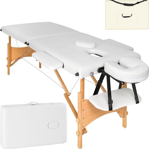 tectake Massageliege 2 Zonen, Massageliege klappbar, Massagetisch tragbar mit 5cm Polsterung, höhenverstellbare, Mobile Massageliege, Massagebank mit Holzfüßen und Zubehör Tragetasche - weiß von tectake