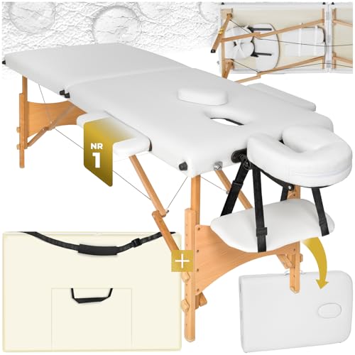 tectake® Massageliege klappbar mit 2 Zonen, Massagetisch tragbar mit 5cm Polsterung, höhenverstellbare, Mobile Massageliege, Massagebank mit Holzfüßen und Zubehör Tragetasche - weiß von tectake