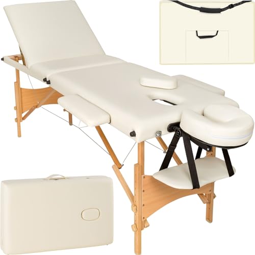 tectake® Mobile Massageliege 3 Zonen, höhenverstellbar, klappbar, Zubehör Kopfstütze, Tasche, belastbar bis 250kg, Möbel für Kosmetik, Massage, Tattoo Zubehör, Physiotherapie Zubehör - beige von tectake