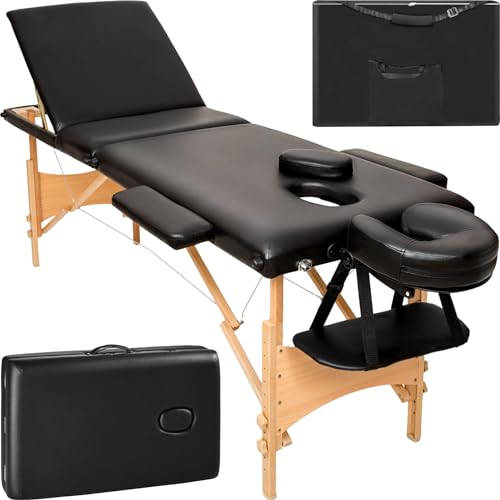 tectake® Mobile Massageliege 3 Zonen, höhenverstellbar, klappbar, Zubehör Kopfstütze, Tasche, belastbar bis 250kg, Möbel für Kosmetik, Massage, Tattoo Zubehör, Physiotherapie Zubehör - schwarz von tectake