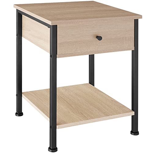 tectake Nachttisch mit Schublade und 2 Ablagen, 40 x 40 x 55,5 cm, Couchtisch im Industrie-Design, Beistelltisch mit 2 Ebenen aus Holz, schwarzes Metallgestell (Industrial Holz hell, Eiche Sonoma) von tectake