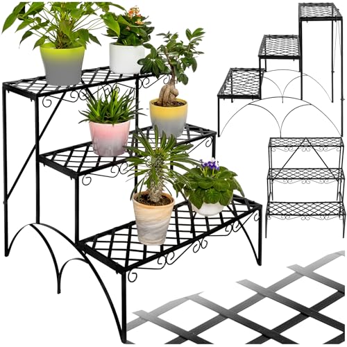tectake® Pflanzentreppe, Blumenständer Metall, Blumenbank, Blumentreppe mit 3 Stufen, Pflanzenregal, Pflanzenregal outdoor, Blumenregal, Blumenhocker ca. 60x60x60cm (Stufen gerade | Nummer 401711) von tectake