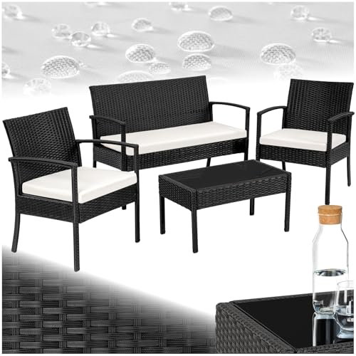 tectake® Poly Rattan Gartenmöbel wetterfest, Gartenset mit 2X Sessel, 1x Gartenbank, 1x Tisch, Outdoor Lounge Möbel Set für Garten, Terrasse und Balkon - schwarz von tectake