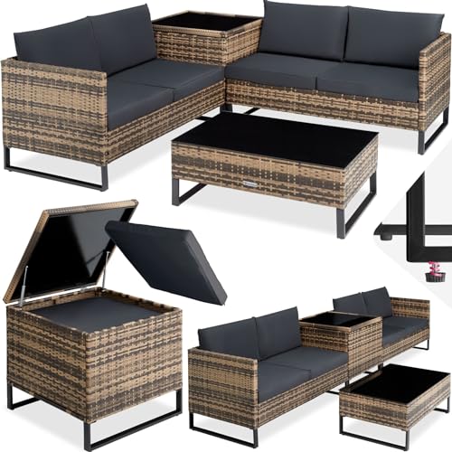 tectake® Poly Rattan Lounge Sitzgruppe, Gartenmöbel Set mit Sofa, Tisch mit Glasplatte, Auflagenbox, Outdoor Kissen wetterfest, Möbel für Garten, Balkon, Terrasse oder Wintergarten - Natur von tectake