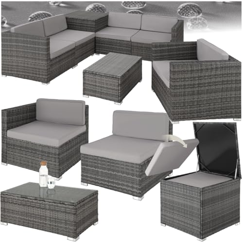 tectake Polyrattan Sitzgruppe mit Aufbewahrungsbox für Polster, Tisch mit Glasplatte, frei zu gruppierendes Gartenmöbel Set, Rattan Lounge für den Garten – Balkonmöbel, Balkonmöbel Kleiner Balkon tectake Polyrattan Sitzgruppe mit Aufbewahrungsbox für Polster, Tisch mit Glasplatte, frei zu gruppierendes Gartenmöbel Set, Rattan Lounge für den Garten – Balkonmöbel, Balkonmöbel Kleiner Balkon von tectake