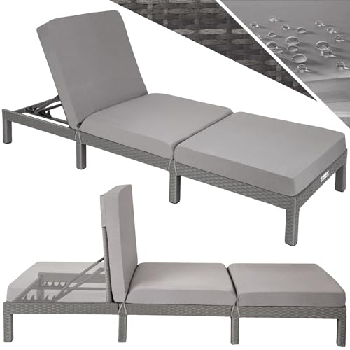 tectake® Polyrattan Sonnenliege mit 6-Fach höhenverstellbarer Rückenlehne, Outdoor Daybed mit bequemer Polsterauflage, Gartenliege Rattan für drinnen und draußen, pflegeleicht und stabil - grau von tectake