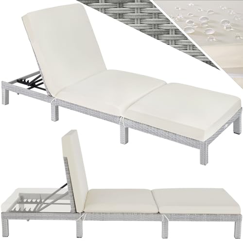 tectake® Polyrattan Sonnenliege mit 6-Fach höhenverstellbarer Rückenlehne, Outdoor Daybed mit bequemer Polsterauflage, Gartenliege Rattan für drinnen und draußen, pflegeleicht und stabil - hellgrau von tectake