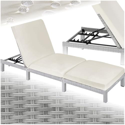 tectake® Polyrattan Sonnenliege mit 6-Fach höhenverstellbarer Rückenlehne, Outdoor Daybed mit bequemer Polsterauflage, Gartenliege Rattan für drinnen und draußen, pflegeleicht und stabil - hellgrau von tectake