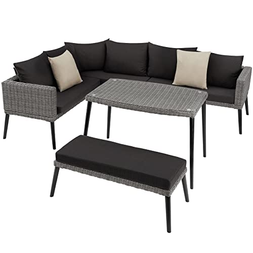 tectake® Aluminium Poly Rattan Lounge, Gartenmöbel Set mit Ecksofa, Bank und Tisch, Sitzgruppe für Garten Balkon Terrasse, Balkonmöbel Sofa Garnitur mit dicken Polstern, mit Zierkissen - grau von tectake