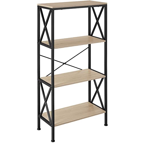 tectake Regal mit 4 Ebenen, 61,5 x 31,5 x 133,5 cm, Holz Standregal mit seitlichen X-Streben, Industrie-Design, für Wohnzimmer Büro Küche, schwarzes Metallgestell (Industrial Holz hell, Eiche Sonoma) von tectake