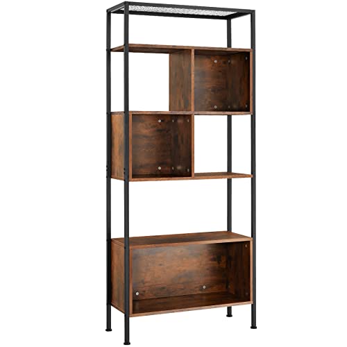 tectake Regal mit 5 Ebenen, 75 x 31 x 170,5 cm, Bücherregal mit Staufächern, Industrie-Design, Holz Standregal für Wohnzimmer Küche Büro, schwarzes Metallgestell (Industrial Dunkelbraun) von tectake