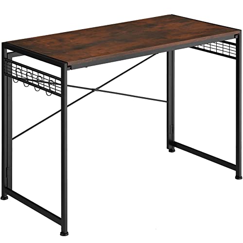 tectake Schreibtisch klappbar, Computertisch mit Gitterflächen und 8 Haken, Industrie-Design, 102 x 51 x 77 cm, Bürotisch mit Holzplatte, schwarzes Metallgestell (Industrial Dunkelbraun) von tectake