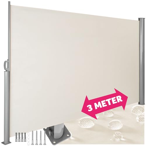 tectake blickdichte Aluminium Seitenmarkise, Wind- und Sichtschutz für Balkon, Garten und Terrasse, ausziehbare Markise für einen Balkon Sichtschutz - 200 x 300 cm, beige von tectake