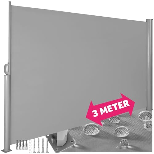 tectake blickdichte Aluminium Seitenmarkise, Wind- und Sichtschutz für Balkon, Garten und Terrasse, ausziehbare Markise für einen Balkon Sichtschutz - 160 x 300 cm, grau von tectake