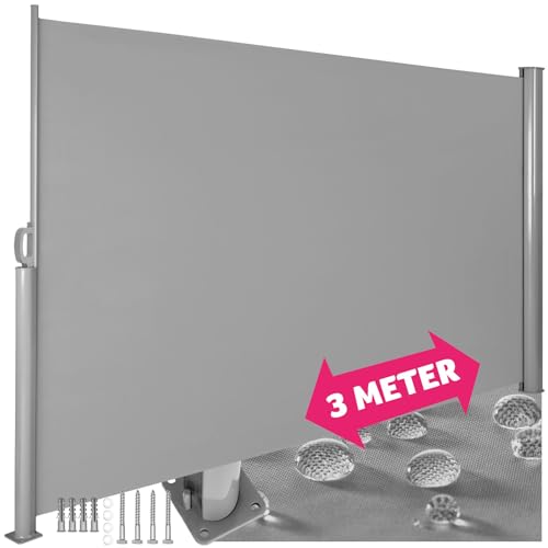 tectake blickdichte Aluminium Seitenmarkise, Wind- und Sichtschutz für Balkon, Garten und Terrasse, ausziehbare Markise für einen Balkon Sichtschutz - 200 x 300 cm, grau von tectake