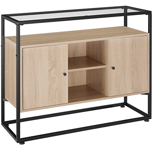 tectake Sideboard mit Glasoberfläche, 100 x 38 x 80,5 cm, Beistellschrank mit Einlegeböden und Magnettüren aus Holz, Industrie-Design, schwarzes Metallgestell (Industrial Holz hell, Eiche Sonoma) von tectake