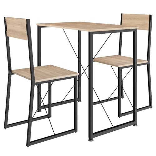 tectake Sitzgruppe 3-teilig im Industrie-Design, Essgruppe für 2 Personen aus Holz + Metall, Esstisch mit 2 Stühlen, für Esszimmer Küche, schwarzes Metallgestell (Industrial Holz hell, Eiche Sonoma) von tectake