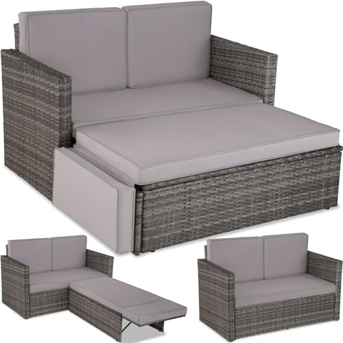 tectake Sofa Set - 2 Sitzer Sessel mit Hocker und Schlaffunktion, kleine Rattan Couch als Outdoor Gartenmöbel, wetterfest für Lounge, Balkon und Garten, klappbar mit Polstern von tectake