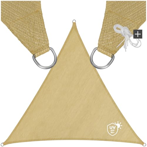 tectake® Sonnensegel mit UV Schutz, Sonnenschutz und Sichtschutz Balkon, Sichtschutz Garten, für Pergola, Windschutz Terrasse, mit Ösen und Spannseile - dreieckig beige - 4 x 4 x 4 m von tectake