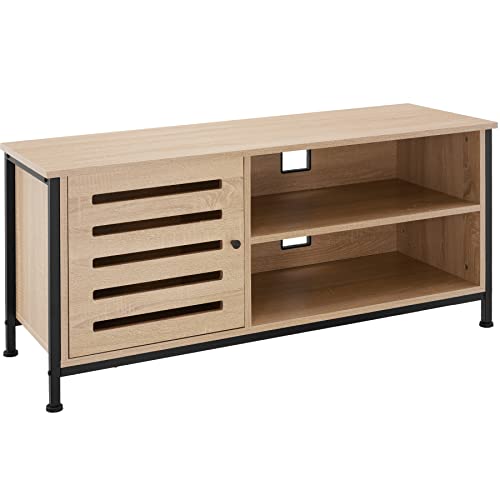 tectake TV-Schrank für Fernseher bis 55 Zoll, 110 x 41,5 x 50,5 cm, Holz Lowboard mit 2 offenen Fächern und Schrankfach, Industrie-Design, schwarzes Metallgestell (Industrial Holz hell, Eiche Sonoma) von tectake