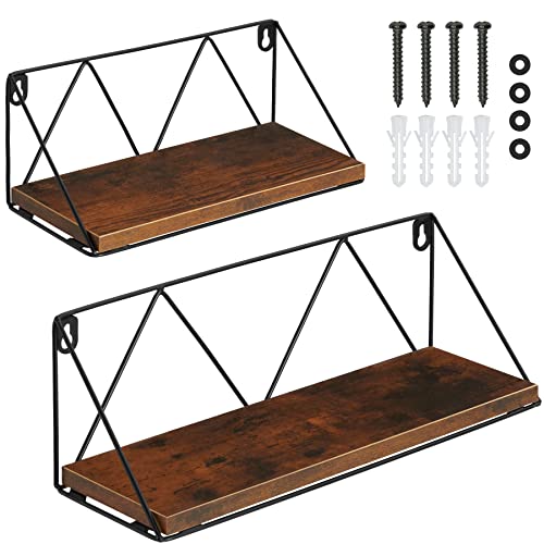 tectake Wandregal 2er Set, Industrie-Design, 33,5/41 cm, Hängeregal aus Holz + Drahtgestell, Schweberegal für Wohnzimmer Schlafzimmer Büro, schwarzes Metallgestell (Industrial Dunkelbraun) von tectake