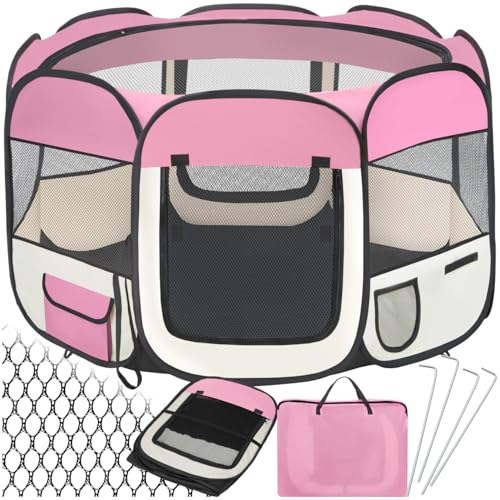 tectake® Welpenlaufstall, Tierlaufstall, Wurfkiste für Hund, Katze, Kaninchen, Auslauf, Gehege für Wohnung oder Camping - Hundezaun, Hundegitter, Auslaufgehege, Kleintiergehege - rosa von tectake