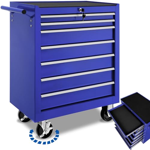 tectake Werkzeugwagen, Werkstattwagen, rollende Werkstatt, Werkzeugwagen leer, Werkzeugbox, 7 Schubfächer, 69 x 33 x 79 cm, Rollen mit Bremsen, inkl. 2 Schlüssel - blau von tectake